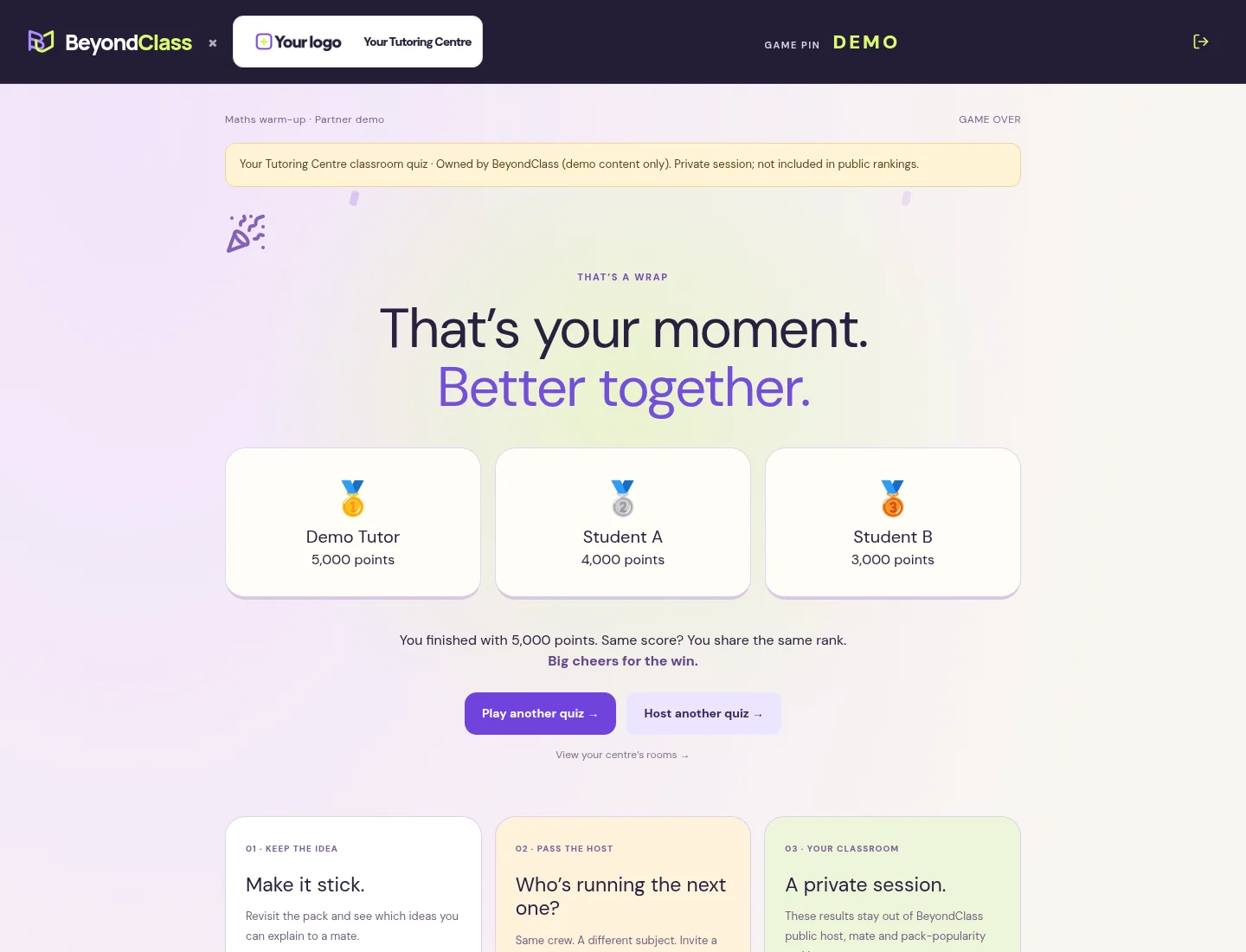 BeyondClass and Your Tutoring Centre together on a demo quiz results page, showing sample scores and question-review options