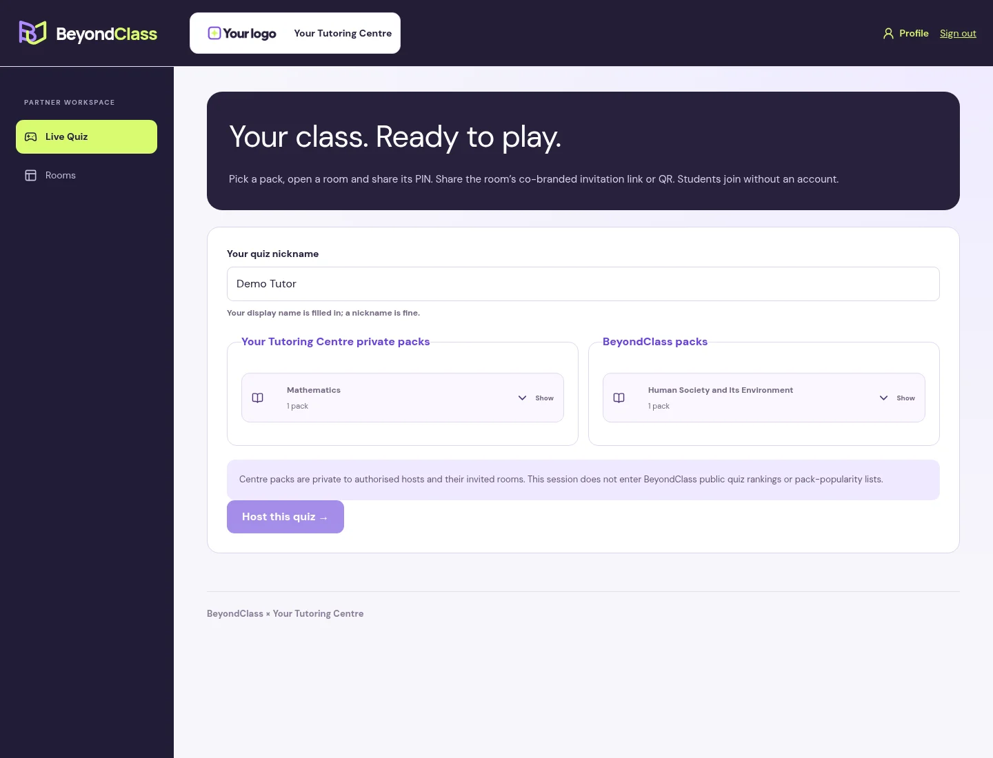 Partner workspace with Live Quiz and Rooms navigation, a private Maths pack and BeyondClass packs