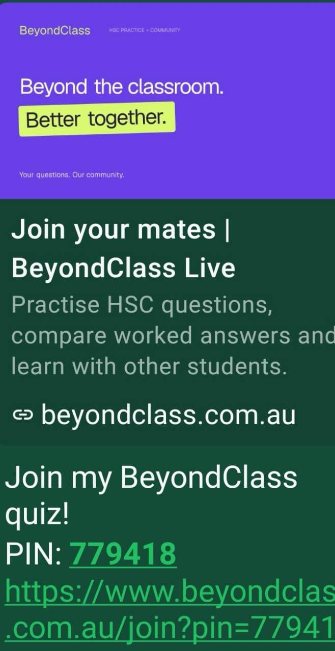 BeyondClass quiz invitation shared in WhatsApp, with a link preview, game PIN and join link